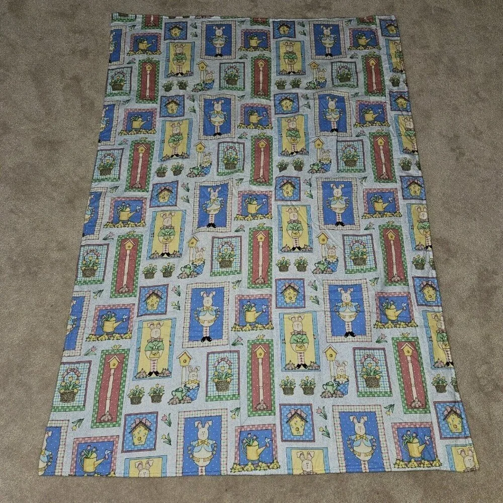 Handmade Blue Blanket Happy Spring Easter Bunny Rabbit Flowers Tulips Birds